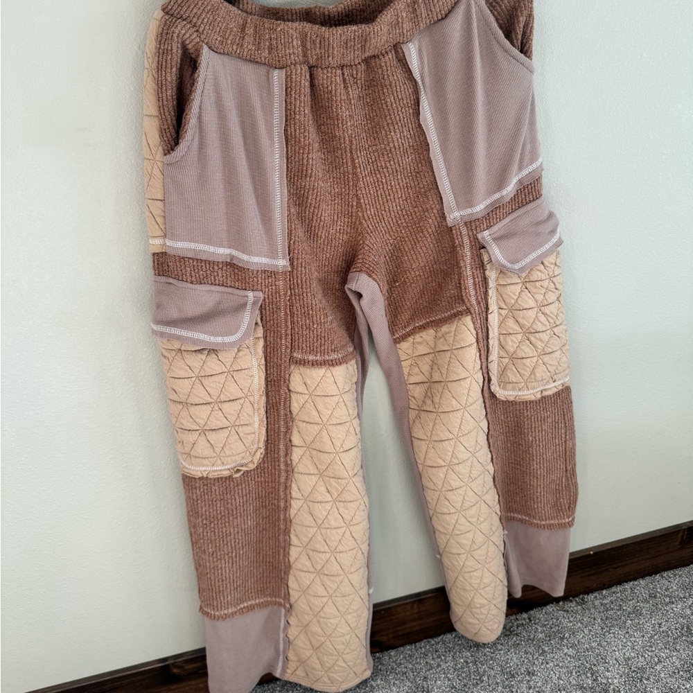POL Quilted Patchwork Track Pants in Brown and Beige